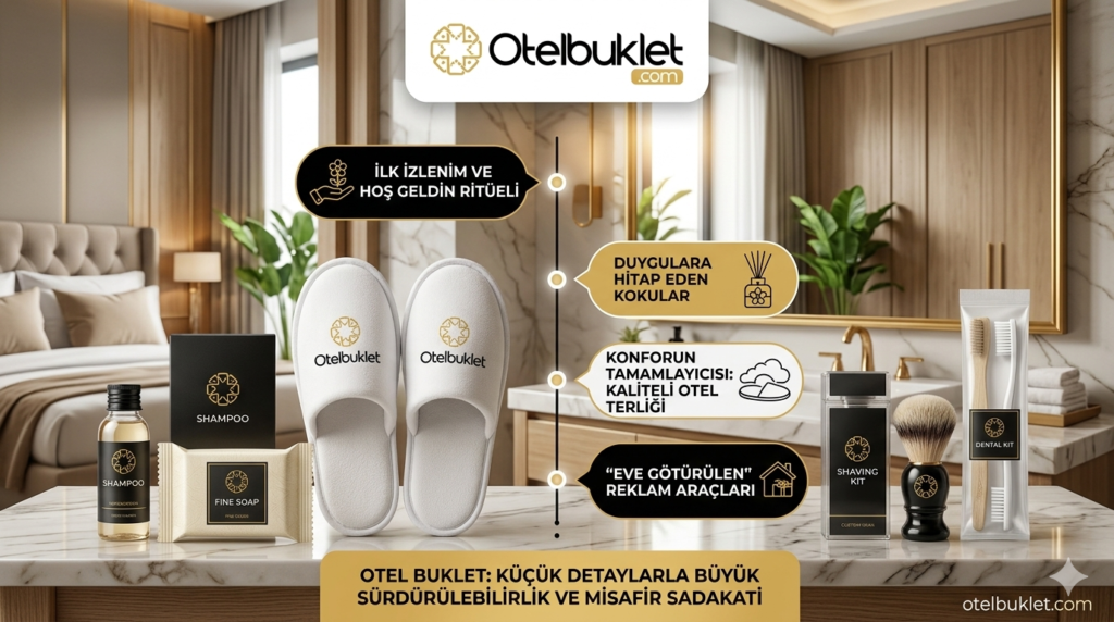 Lüks otel banyosunda premium buklet malzemeleri seti ve logolu havlu