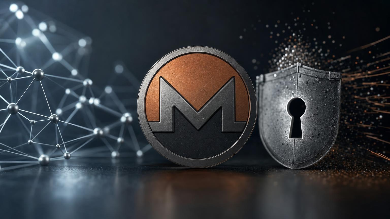 Monero transaction shield surrounding an XMR exchange flow while service records, network metadata, and compliance checks remain visible outside the blockchain